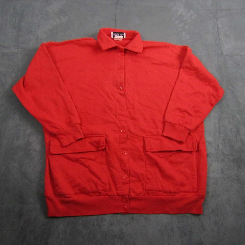 Village Fair Button Front Sweatshirt Women XL Red Vintage Fleece Collared Pocket